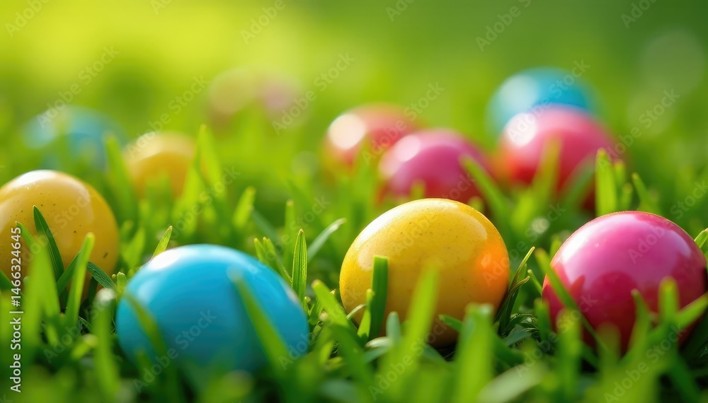 Brightly colored eggs scattered on green grass , green, outdoor scene Brightly colored eggs scattered on green grass , green, outdoor scene