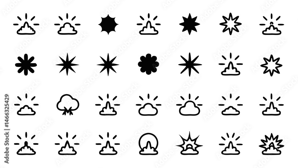 Explosion blast line icon set vector pictograms illustrating diverse explosion effects and their corresponding visual symbols for graphic design and media use Explosion blast line icon set vector pictograms illustrating diverse explosion effects and their corresponding visual symbols for graphic design and media use