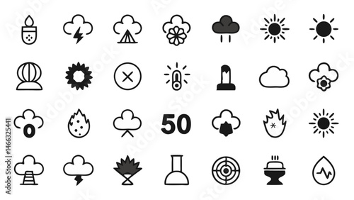 Explosion blast line icon set vector pictograms representing a range of blast patterns and their associated icons for use in digital and print media designs