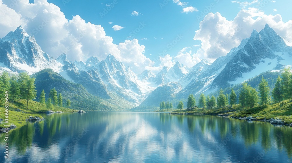 Fototapeta premium Serene Mountain Lake Reflections: A Breathtaking Panorama of Alpine Majesty