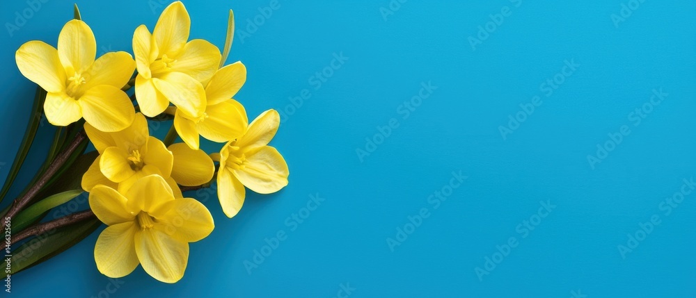 Obraz premium A blue background with yellow flowers in the foreground