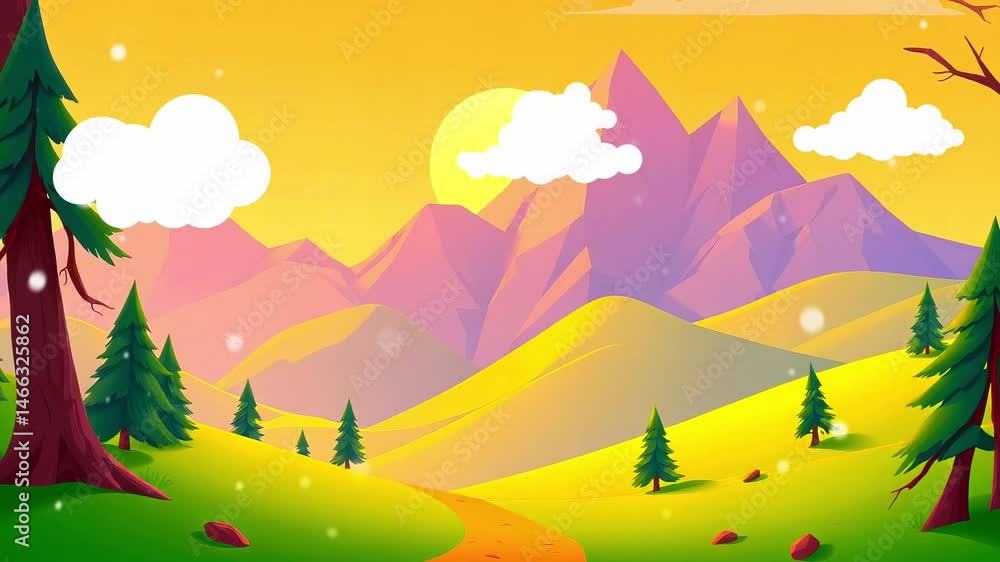 Mountain Range Evening: An Animated mountain range and green hill landscape during the sunset. Mountain Range Evening: An Animated mountain range and green hill landscape during the sunset.