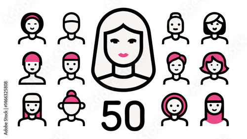 Female Head Line Icon Set Vector Pictograms Depicting Beauty, Style, and Personal Grooming