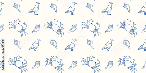 Ocean-themed pattern features crabs, shells, and birds in a simplistic design