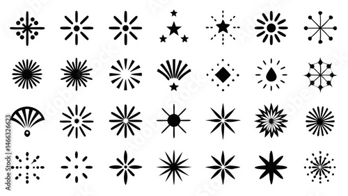 Fireworks line icon set showcasing an assortment of burst patterns including star, spiral, fountain, and rocket designs tailored for celebration visuals