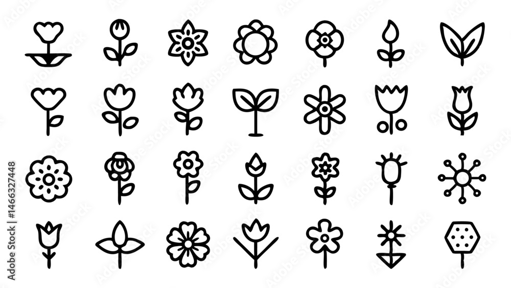 Flower line icon set showcasing vector pictograms of roses, tulips, and spring blossoms, perfect for floral design applications and botanical illustrations Flower line icon set showcasing vector pictograms of roses, tulips, and spring blossoms, perfect for floral design applications and botanical illustrations