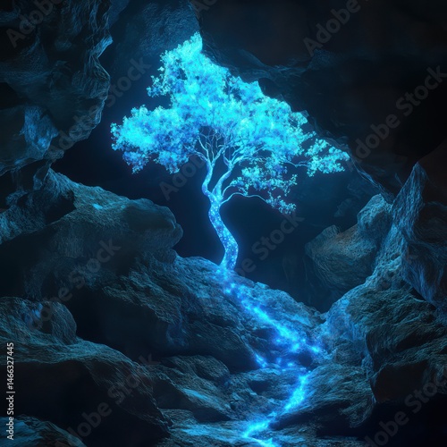 Glowing blue tree in cave fantasy illustration