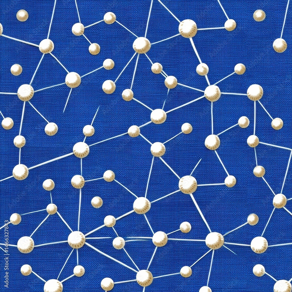 Abstract digital network illustration featuring interconnected nodes and lines on a blue background. The nodes are off white, creating a contrast