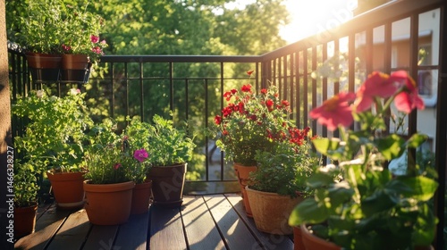 Fototapeta Naklejka Na Ścianę i Meble -  Sunny balcony garden with colorful flowers and herbs