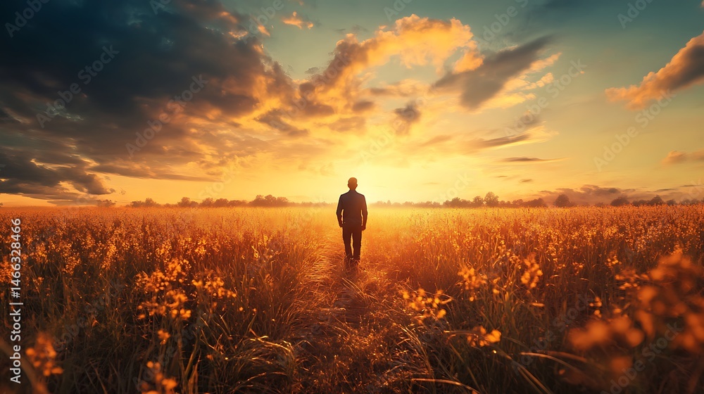 Fototapeta premium Silhouette walking in a golden field towards a sunset, illuminated sky
