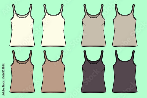 Camisole tops bundle set technical drawing fashion flat sketch vector illustration template front and back views outline CAD mockup