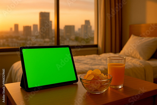 green screen tab on the table with snack and orange juice