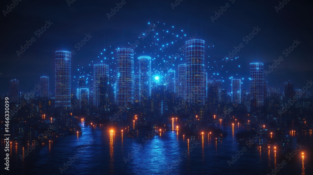 Fototapeta premium Futuristic Cityscape at Night: Digital Metropolis with Illuminated Skyscrapers and Network Connections