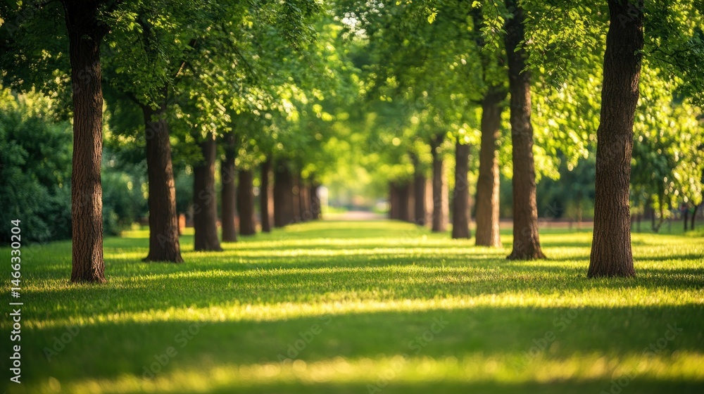 Naklejka premium Lush green trees line a park pathway. Sunlight filters through leaves