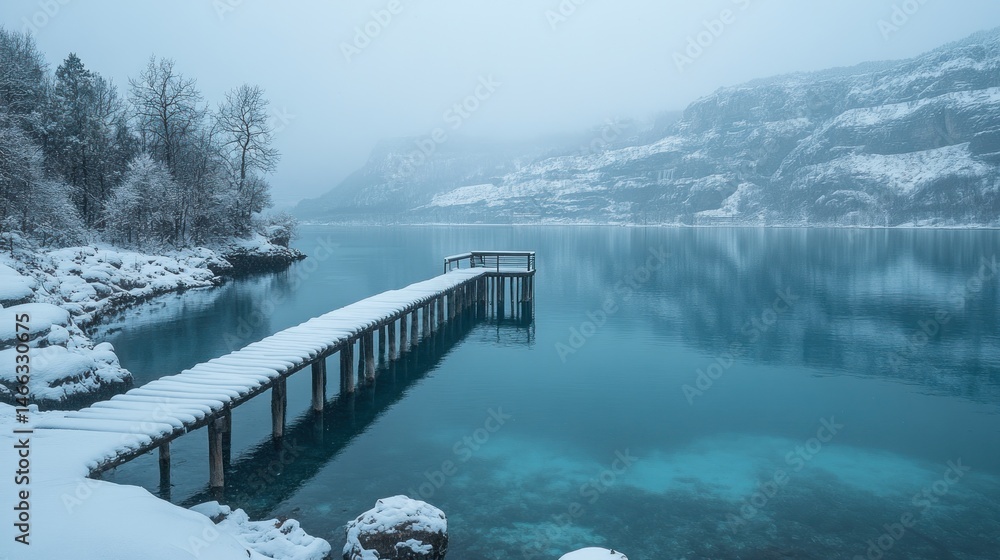 Obraz premium Serene Winter Lake: A Snow Covered Wooden Pier Extends Into a Crystal Clear Lake, Mountains Reflecting in the Still Water