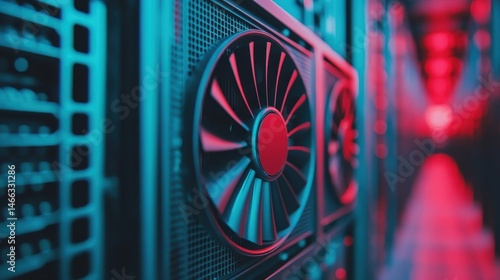 Close-up view of powerful computer GPU servers in a data center with dramatic red and blue lighting.