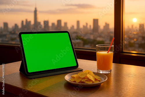 green screen tab monitor on table with city view background