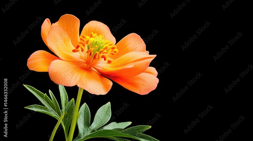 Obraz premium Delicate miniature flower in full bloom with radiant orange stamen, soft curves of petals lit softly against a pure black backdrop
