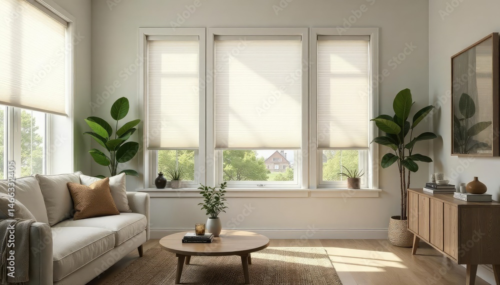 Fototapeta premium Modern cellular shades provide privacy and light control in a bright living room , window dressing, clean, window treatment