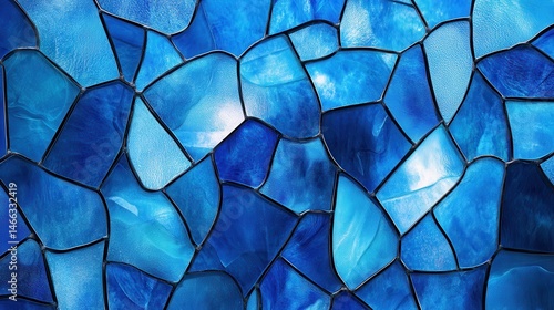 Ultra quality image of abstract blue stained glass texture with irregular shapes and patterns.