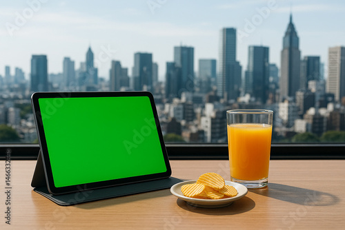 green screen tab mointor and glass of juice