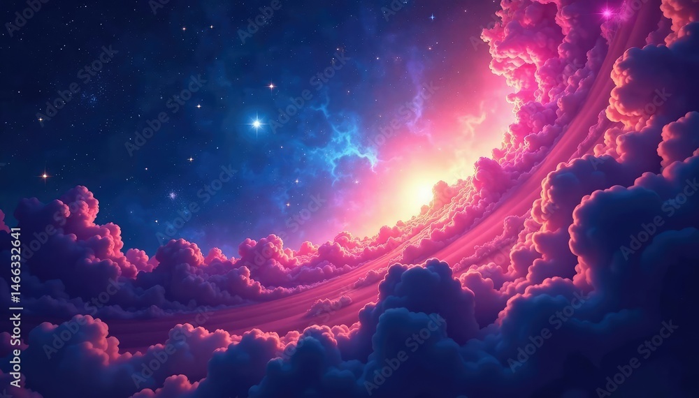 Obraz premium Mystical swirling nebulae paint a vibrant, ethereal night sky Celestial bodies gleam with otherworldly light , universe, abstract