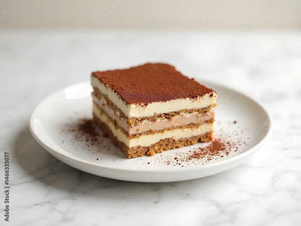 Classic Tiramisu Elegantly Stacked: A beautifully stacked tiramisu in its classic square shape with clean layers, elegantly styled on a white marble plate and soft neutral background. Classic Tiramisu Elegantly Stacked: A beautifully stacked tiramisu in its classic square shape with clean layers, elegantly styled on a white marble plate and soft neutral background.