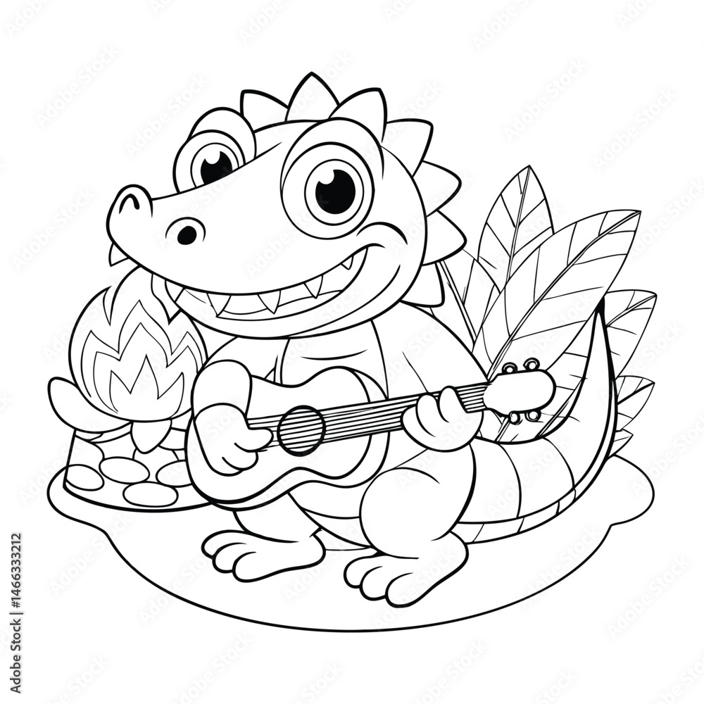 Fototapeta premium Crocodile Playing Guitar by a Riverbank Bonfire