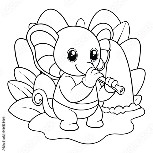 Elephant Playing a Flute Under a Waterfall