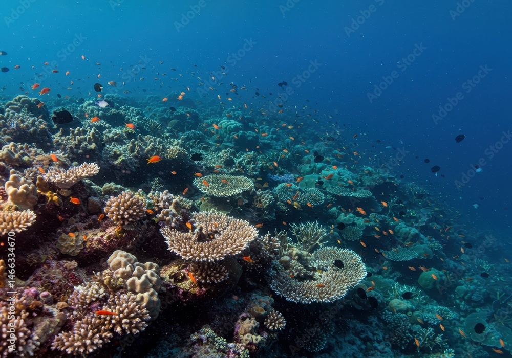 Fototapeta premium Underwater view of coral reef teeming with colorful fish in clear blue ocean