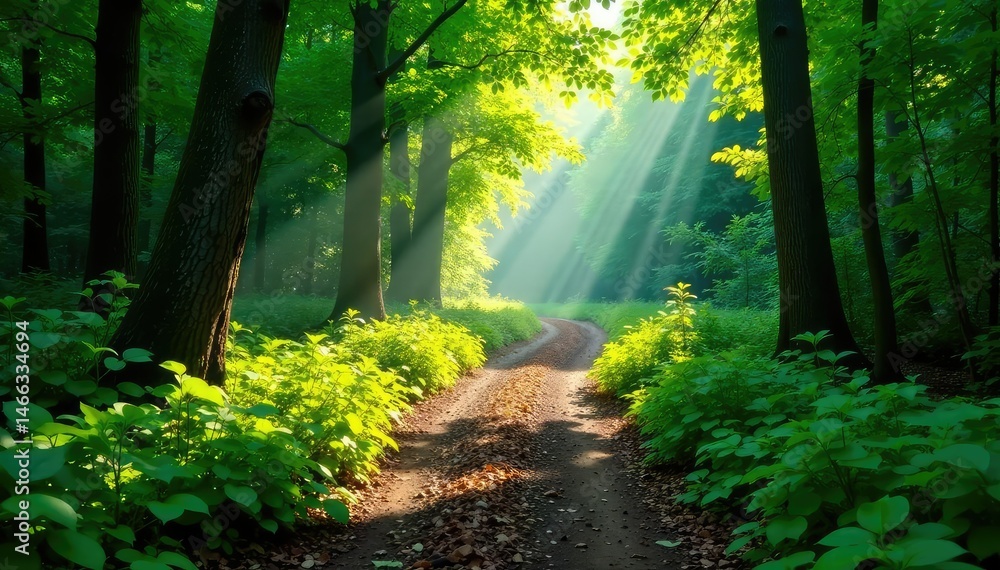 Obraz premium Sun-dappled forest path winding through lush greenery, leading into the woods , beautiful, foliage