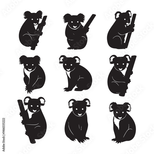 Set of koala silhouette on white background