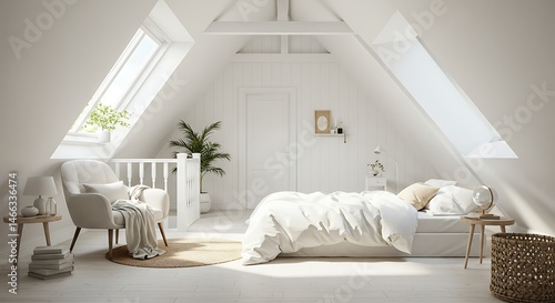 Serene White Attic Bedroom with Skylights and Natural Light