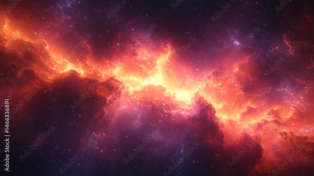 Fototapeta premium Fiery Nebula in Deep Space: A Cosmic Tapestry of Glowing Gas and Dust
