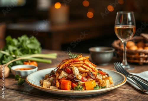 A seasonal cooking dish with locally sourced ingredients, autumnal colors, and rustic presentation.