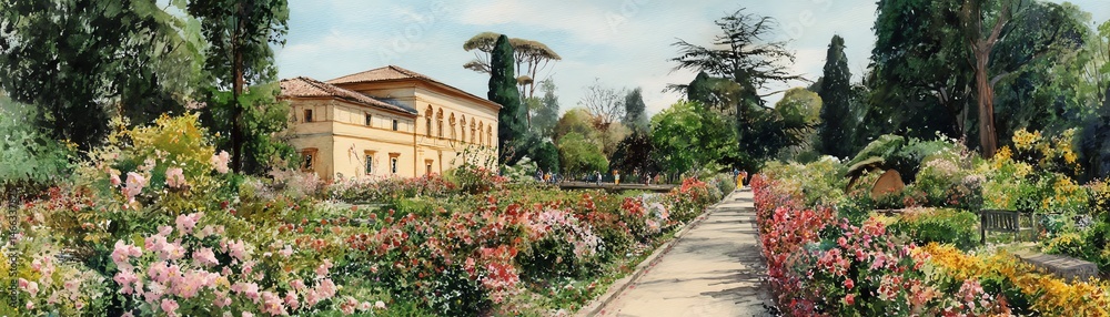 Vibrant garden scenery with colorful flowers and lush greenery.