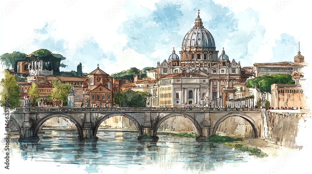 Watercolor illustration of iconic architecture near river.