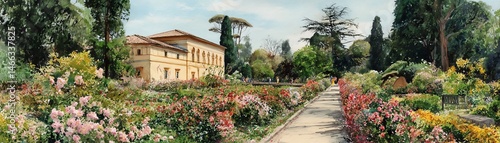 Vibrant garden scenery with colorful flowers and lush greenery.