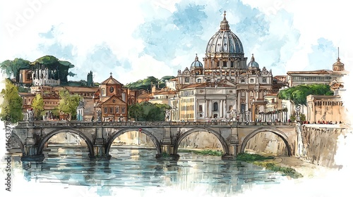 Obraz na płótnie Watercolor illustration of iconic architecture near river. w salonie
