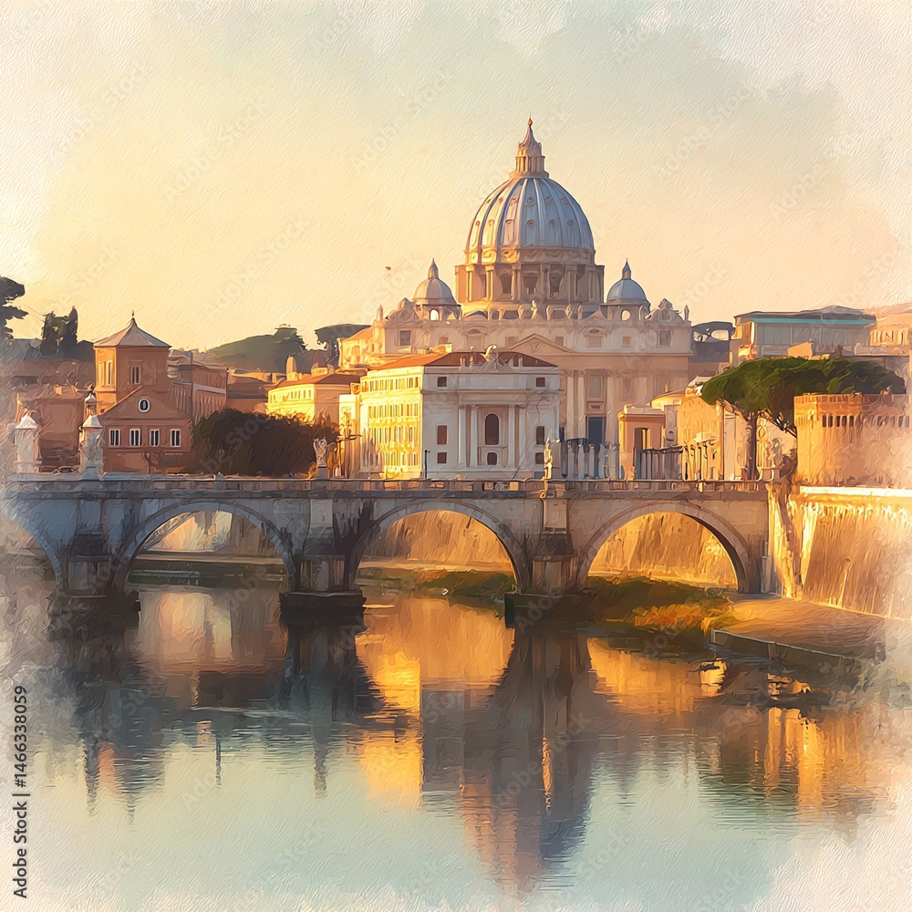 St. Peter's Basilica with reflection in river at sunset, vibrant warm colors.