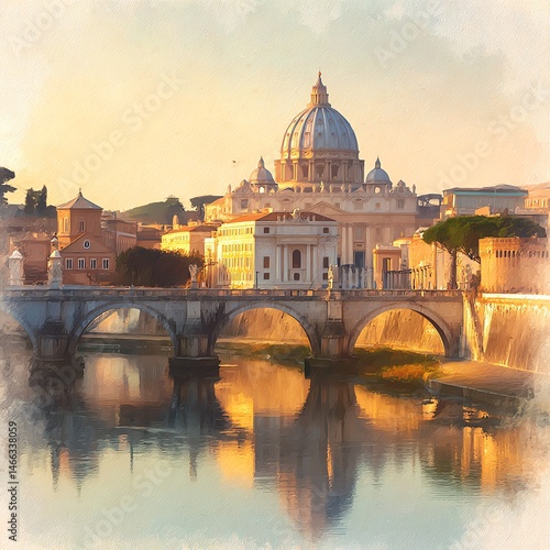 Obraz na płótnie St. Peter's Basilica with reflection in river at sunset, vibrant warm colors. w salonie