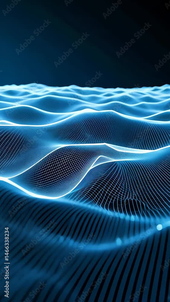 Blue glowing waves in a digital style against a dark background Blue glowing waves in a digital style against a dark background