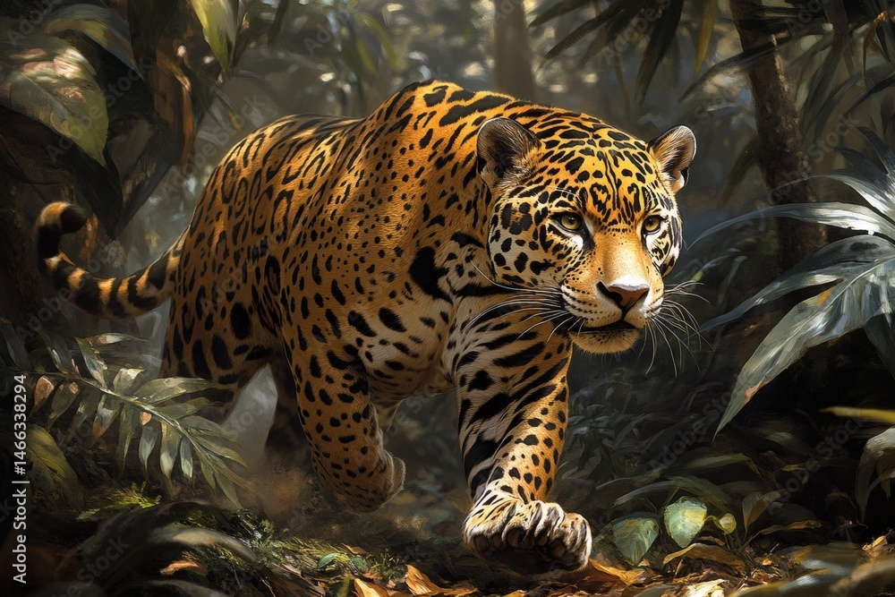 Leopard hiding in tropical foliage with focused eyes and spotted fur pattern in tense wild jungle setting