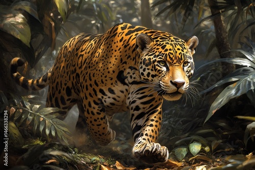 Obraz na płótnie Leopard hiding in tropical foliage with focused eyes and spotted fur pattern in tense wild jungle setting
w salonie