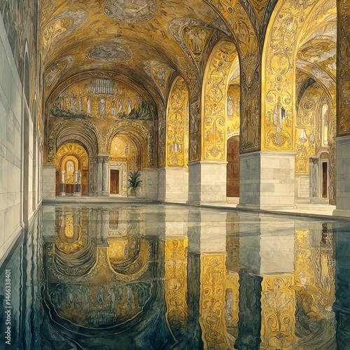 Grand hall with ornate golden decorations and serene reflections on the water.