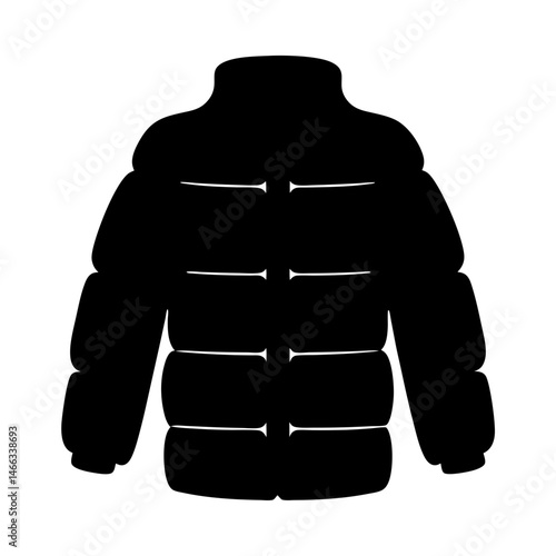 puffer jacket vector silhouette icon, black and white illustration of clothing.