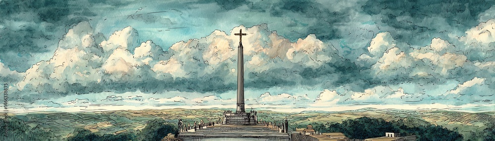Monument with a cross under a dramatic sky, overlooking vast green landscape.