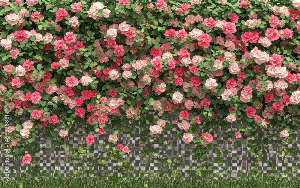 Fototapeta premium A vibrant wall of climbing roses, various shades of pink, cascading over a patterned gray and white stone wall. Lush green foliage complements the flowers