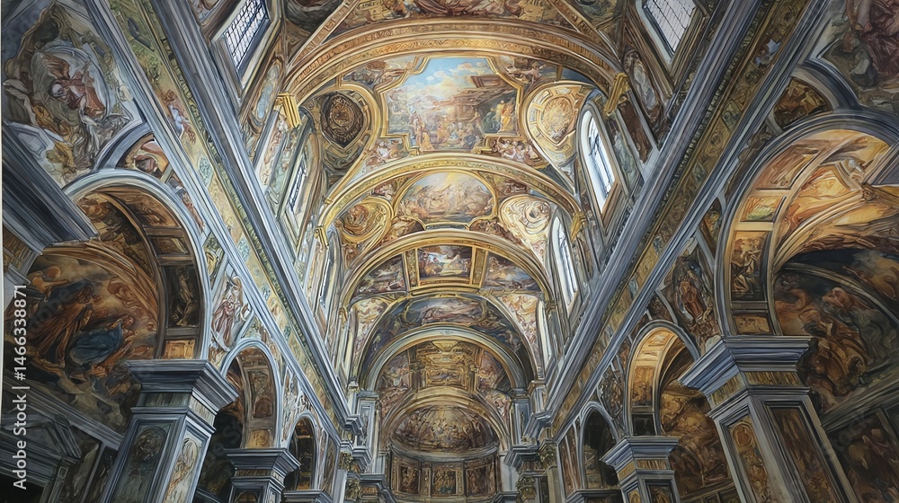 Stunning architectural interior with detailed frescoes and arches.