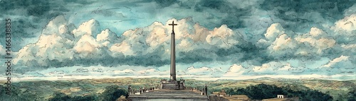Obraz na płótnie Monument with a cross under a dramatic sky, overlooking vast green landscape. w salonie